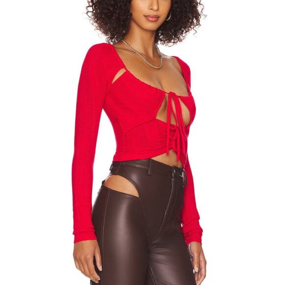 NWOT Revolve h:ours Cora Women's Blouse Top Shirt Cutout Bright Red Large Tie - Picture 3 of 8